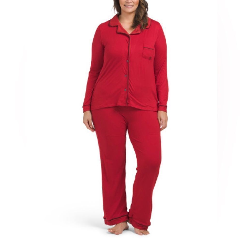 BORN XXL Red Black Piping Notch Collar Long Sleeve Pants PJ Gift Set
